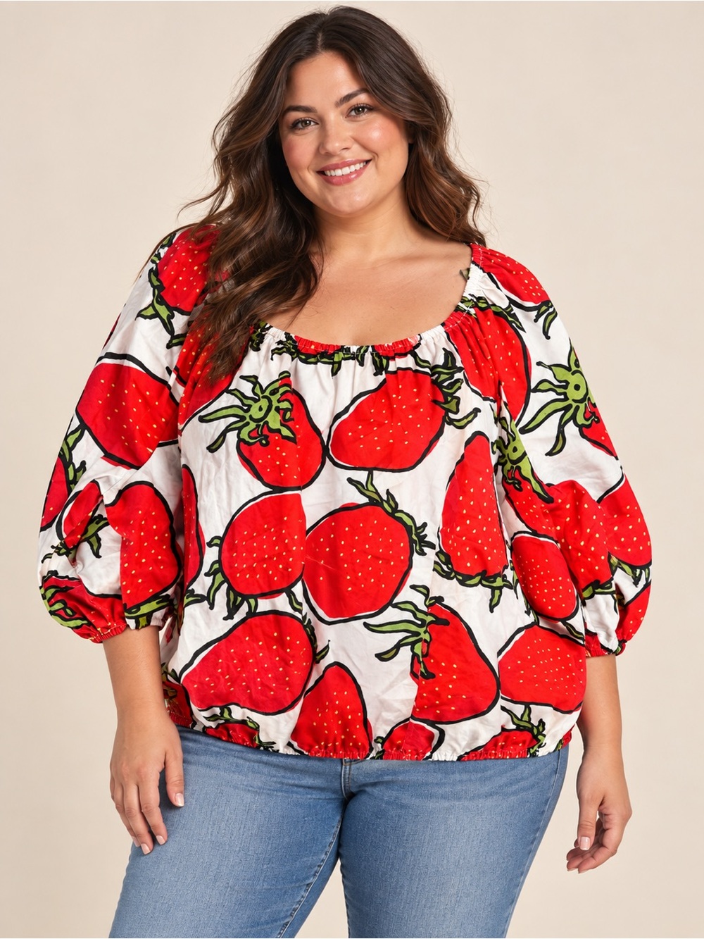 Strawberry Print Peasant Top - Red/White Size 3X